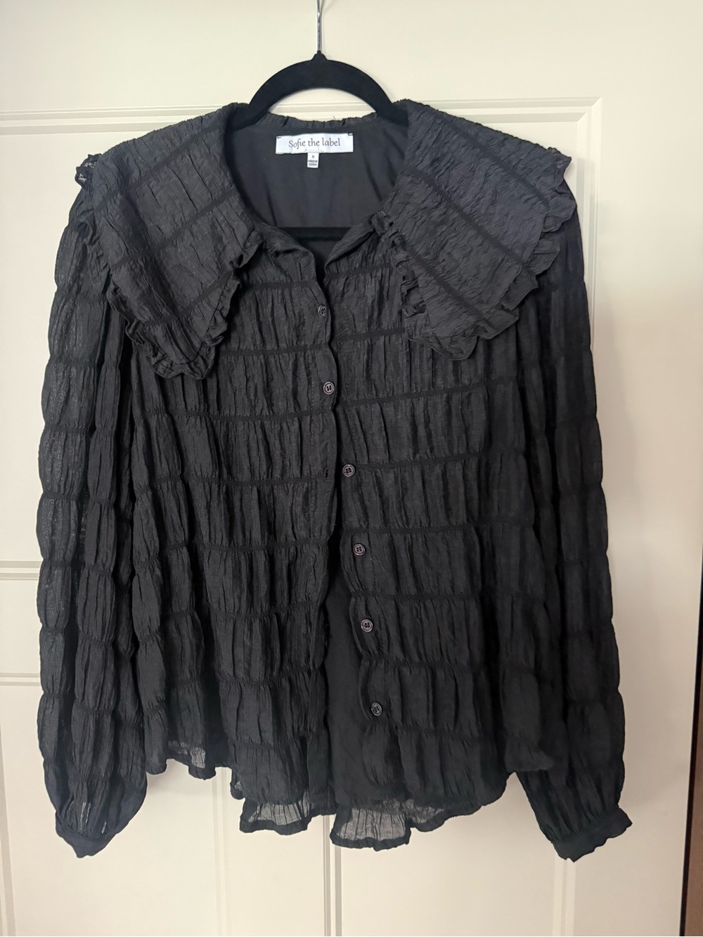Softie The Label Black Textured Ruffled Collar Button-Up Blouse
